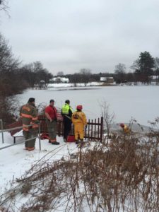 The Littleton Police and Fire Departments removed a drone from Mill Pond after a resident fell through the ice trying to retrieve it. (Courtesy Photo)