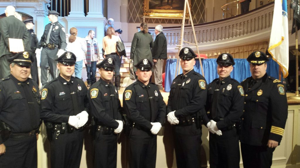 Pictured left to right; Lt. William Leanos; Training Officer, Officer David D'Angelo, Officer Jared Foote, Officer Keith Gaudenzi, Offficer Robert Morrissey, Officer Michael Cimoszki and Chief Leonard Campanello. (Courtesy of the Gloucester Police Department)