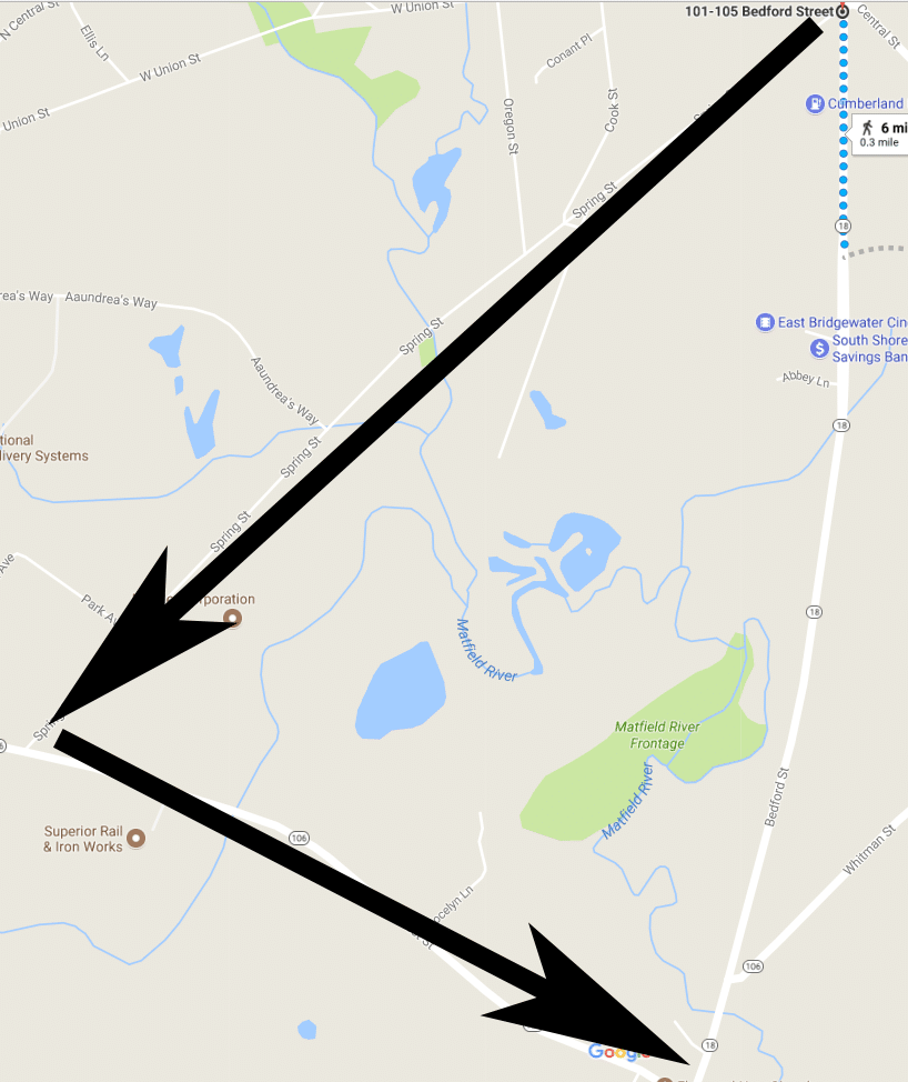Construction area shown in blue dots. Detours shown in black arrows. Detours will be in effect for motorists headed southbound on Rt. 18 (Bedford St.) between the hours of 8 p.m. and 6 a.m. Sunday-Thursday through October for sewer main work. (Courtesy Illustration/Google Maps/JGPR.)