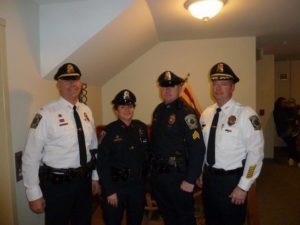 Pictured left-to-right are newly promoted Lieutenant Scott Hatch, Officer Joanne Ballard, and Sergeant James Rodden with Chief Donald C. Cudmore. (Courtesy photo)