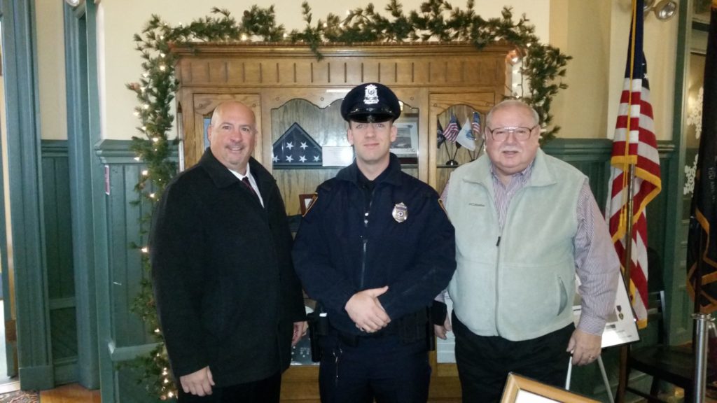 Pictured left-to-right: Saugus Police Chief Domenic J. DiMella, Officer Alexander Klimarchuk, and Acting Saugus Town Manager Robert Palleschi. (Courtesy of the Saugus Police Department)