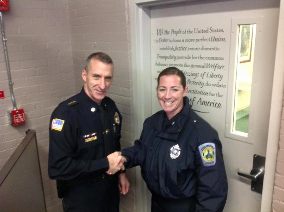 Deputy Chief Daniel Ahern congratulates Officer Kristin Leary, the newest member of the Chelmsford Police Department. (Courtesy Photo)