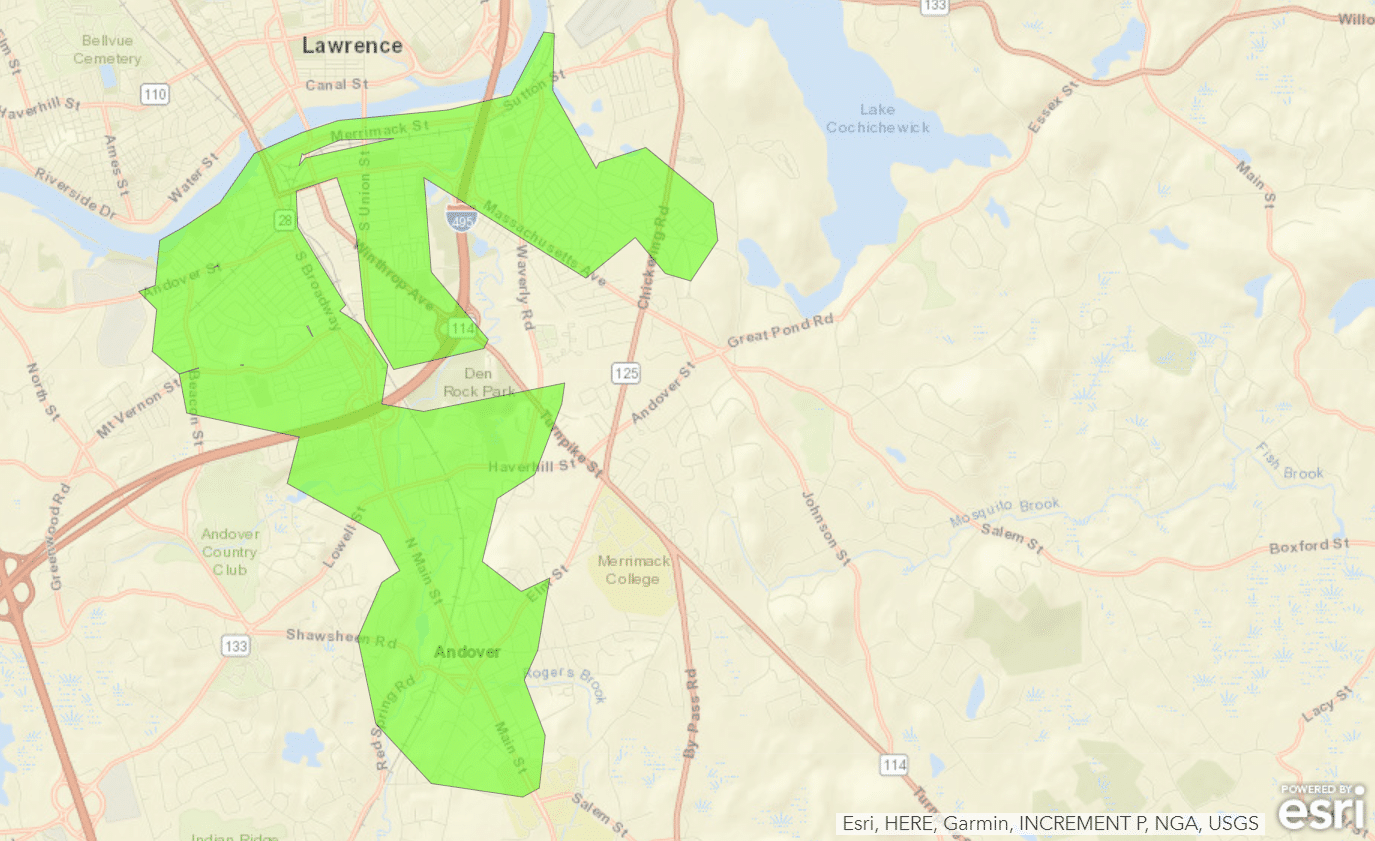 This map, provided by Columbia Gas, outlines the affected areas of Lawrence, Andover, and North Andover.