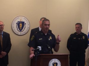 Arlington Police Chief Frederick Ryan speaks at the State House to advocate for more training on addiction for Massachusetts police officers. (Photo Courtesy of Middlesex Sheriff's Office)
