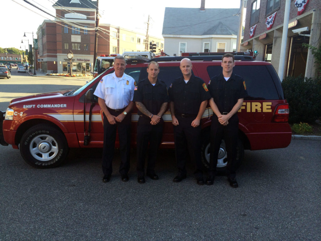 Left-to-right: Acting Fire Chief William F. Spillane and recruits Matthew Munchbach, Keith Hibbard and Brian Hutchinson. (Dedham Fire Department Photo)