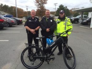 Left to right: Officer Philip Wesley, Officer William Budrow and Officer Michael Anderson debut the Rockport Police Department's new Polaris eBike. (Courtesy Photo).
